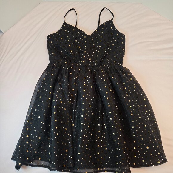 ALLEGRA K Party Metallic Stars Mini Dress/ Spaghetti Strap Sz: L Black/Gold - Picture 2 of 15